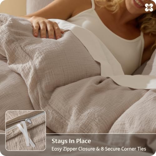 Image of Bedsure 100% Muslin Cotton Duvet Cover King Size - Ultra-Soft Gauze Duvet Cover, PureWoven Breathable & Lightweight Bedding Set with Zipper Closure and Corner Ties (Khaki, King, 104 inchx90 inch)