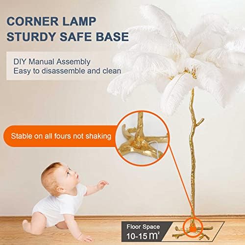 Natural Ostrich Feather Floor Lamp, Modern LED Dimmable Standing Lamp, Romantic Princess Bedroom Reading Lamp, Tall Corner Lamp for Living Room, Dining Room and Office (120cm, White)