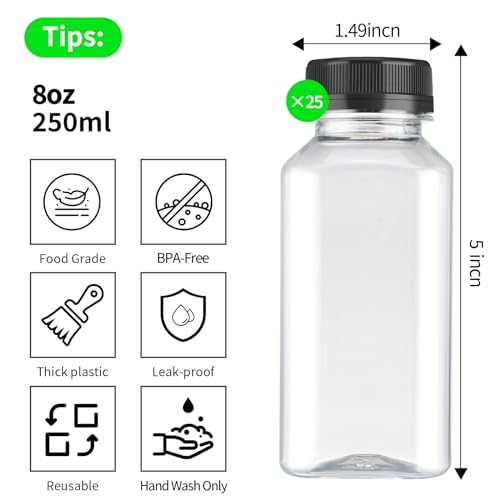 25pcs 8oz Plastic Juice Bottles with Caps - Empty Reusable Juice Bottles with Lids for Juicing/Smoothie/Milk/Drinks - Bulk Small Clear Containers for Mini Fridge - Food Grade/Leakproof - Image 3
