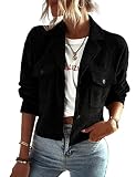 Kwoki Women's Corduroy Jackets Casual Button Down Cropped Shacket Fashion Trendy Crop Blazer Tops KF0097 Black 01 L