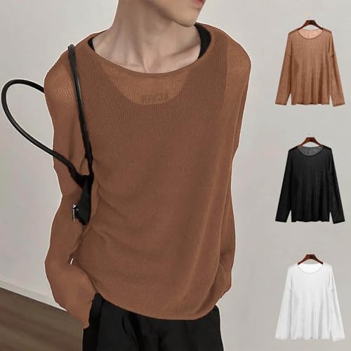 Cambkatl Men's Oversized Long Sleeve Sheer Mesh Knit Sweater Tops Y2K Sexy Loose Hollow Out Pullover Jumper Beach Shirt2