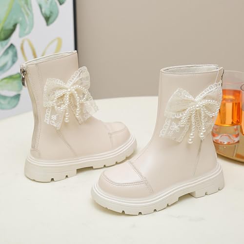 Girl's Cute Bow Leather Zipper Mid Calf Combat Boots Solid Color Riding Boots Fall Winter Fashion Shoes2