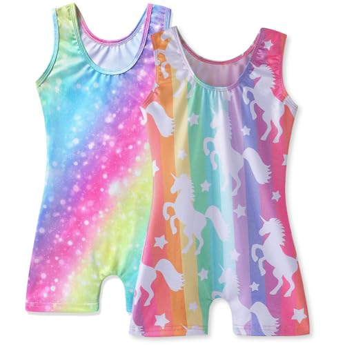 Image of HOZIY Gymnastics Leotards for Girls with Shorts Toddlers Biketards Rainbow Unicorn Dinosaur Mermaid Leopard Flower Galaxy