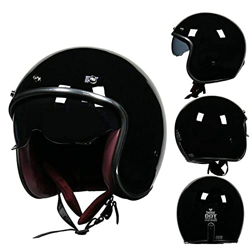 Woljay Retro Motorradhelm 3/4 Jethelm Halbhelme Motorrad Jethelm mit Schild Sonnenblende für Männer Frauen Erwachsene ECE 22/05 DOT Approved (Extragroß, Glänzend schwarz)