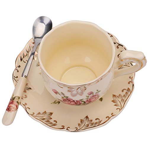 Foraineam Tea Cup And Saucer Set, 8 Oz. Ivory Porcelain Coffee Cup Vintage Floral Ceramic Tea Cup Set With Saucer And Spoon #TOP2