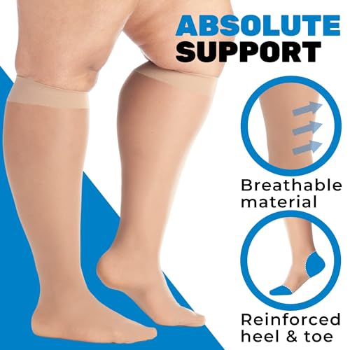 Image of ABSOLUTE SUPPORT Made in USA - Sheer Compression Socks for Women 20-30mmHg - Knee High Compression Stockings for Circulation during Pregnancy, Sports, Athletic, Travel - Beige, Small - A205BE1