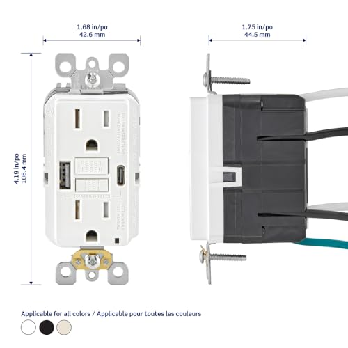 Leviton GFCI USB Type A-C 24 W (4.8 Amp) Combination Receptacle, 15 Amp Tamper-Resistant, Smartlock Pro, GUAC1-00E, Black by Leviton - Image 2
