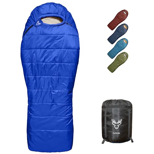 Azitrek 0 Degree Camping Sleeping Bags Mummy for Adults Youth | XXL Big and Tall 3-4 Season Warm Cool Winter Cold Weather Sleeping Bag w. Compression Sack | Side Sleeper Friendly (Lake Tahoe Blue)