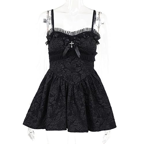 CHUNNUAN Goth Dark Partywear Mall Gothic Vestidos rayados Grunge Estética Negro Ruffles A-Line Dress Mujeres Backless Outfit-Black,L