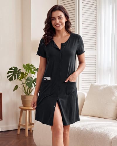Image of ZOOSIXX Nightgowns for Women - Short Sleeve Sleepwear Button Up Pajamas for Women V-Neck Sleepwear Dress with Pockets