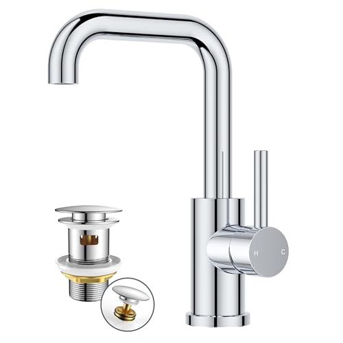 FORIOUS Wasserhahn Bad Hoch mit Ablaufgarnitur360 Drehbar Edelstahl Waschtischarmatur Hoch mit Warm/Kaltwasser Mischbatterie Einfache Montage für Badezimmer Waschbecken