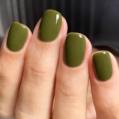 24Pcs Olive Green Press on Nails Short Square Fake Nails Glossy Acrylic Nails Solid Color Press on False Nails Reusable Glue on Nails Short Length Artificial Nails for Women DIY Manicure Art
