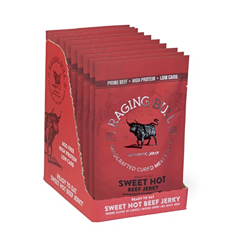Raging Bull 280g Sweet Hot Beef Jerky - 10 x 28g Pack - High Protein Snacks - Grass Fed Beef Jerky - Low Carb Keto Snacks - MSG Free Carnivore Snacks - Jerky Gift Set - Natural Meat Snacks