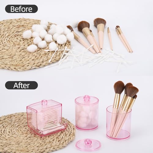 Image of Tbestmax Pink Qtips Dispenser Bathroom Container, 10 /12 oz Big Cotton Ball Holder, Apothecary Jar Organizer for Storage Cotton Swab, Round Pads, Floss Picks