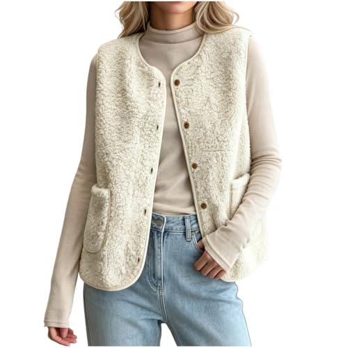 Womens Sherpa Fleece Vest Button Front Crew Neck Pockets Casual Fall Layer - image 1