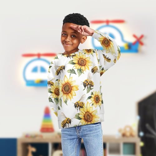 JUNZAN Cartoon Cute Bees Sunflowers White Little Boys Sweatshirt Hoodie Crewneck Fall Tops Shirts Sports 4T4