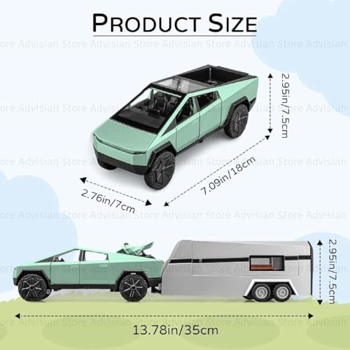 Image of 1:32 Scale Die-Cast Tesla CyberTruck with Pick-Up Trailer with 6 Openable Doors Pull Back Toy Car with Lights & MusicToy Car Gift for Kids (1:32 Cybertruck - Green)