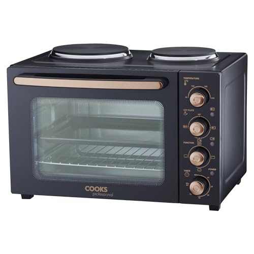 Cooks Professional Mini Portable Oven with Hobs | Energy Efficient Electric Countertop Cooker with Two Hobs & Wire Rack Baking Tray | Kitchen Table Ovens | 34L Capacity | Black and Copper
