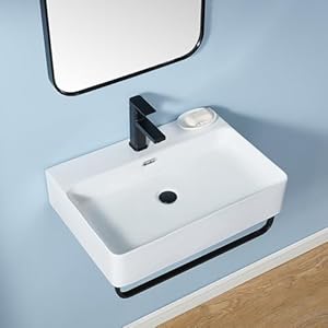 Wall Mounted Sink White with Towel Rack, 24″x16″ Vessel Sink Rectangle, Wall Mount Floating Bathroom Sinks Wall Hung Porcelain Ceramic Modern Sink With Single Faucet Hole and Overflow