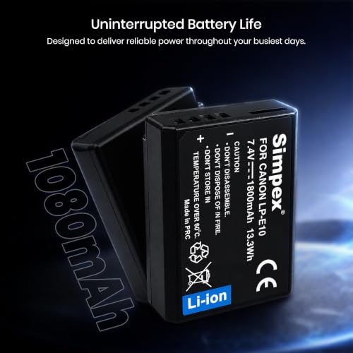 Image of Simpex LP-E10 Rechargeable Camera Battery 7.4V Li-ion Replacement Battery Compatible with Canon EOS 1100D, 1200D, 1300D, EOS Kiss X50, Kiss X70, EOS Rebel T3, T5 & T6 DSLR Cameras(Black)