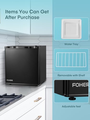 FOHERE Mini Kühlschrank 46L mit Eisfach | Kühlschrank Klein | Temperaturregelung, Energiesparend, Leise | Getränkekühlschrank Ideal für Büro, Camping und Gaming |Wechselbarer Türanschlag | Schwarz