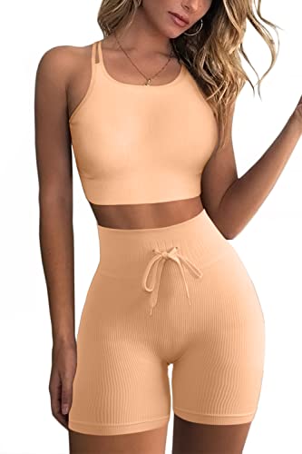 Qinsen Yoga Outfits For Women 2 Piece Set,High Round Neck Racer Back Stretchy Sport Bra Booty Short Orange S #TOP3