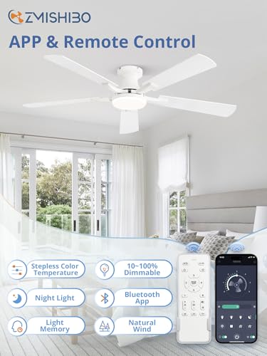 Image of ZMISHIBO 52 Inch Ceiling Fan with Light, App&Remote Control, Flush Mount Low Profile, Dimmable 20W LED Light, Quiet Reversible Motor for Bedroom, Living Room, Apartment, White