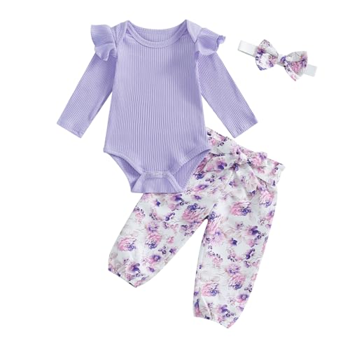 fhutpw Baby Girl Clothes 3 6 9 12 Months Outfits Long Sleeve Knitted Romper & Daisy Pants Fall Winter 3Pcs Clothes Sets