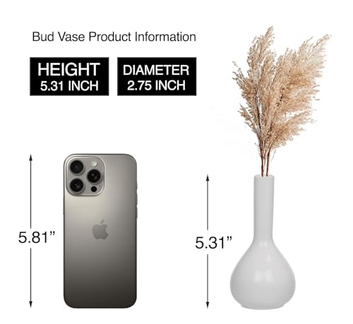 Image of PUREZENTO Raindrop White Ceramic Bud Vase 5.31 Inch - Set of 1 | Glossy White Decorative Bud Vase for Dried Flowers & Pampas Grass | Vases for Modern Home Decor, Living Room, Office Decor & Gifting
