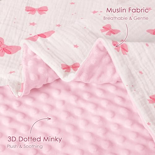 Image of SANDJEST Bow Minky Muslin & Dotted Blanket 30x40 in Gift for Holiday, Gender Reveal Party, Hospital Visit, Baptism