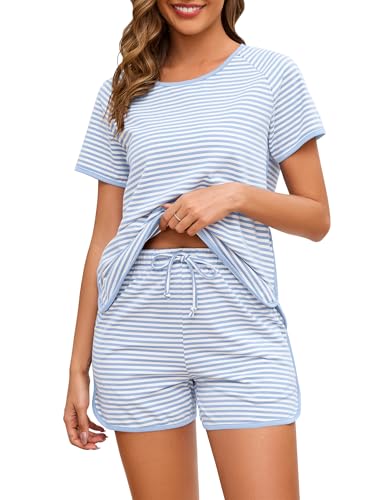 Image of Cotton Pajama Sets for Women 2 Piece Lounge Set Stripe Pj Set Loungewear Short Sleeve Top and Shorts with Pockets
