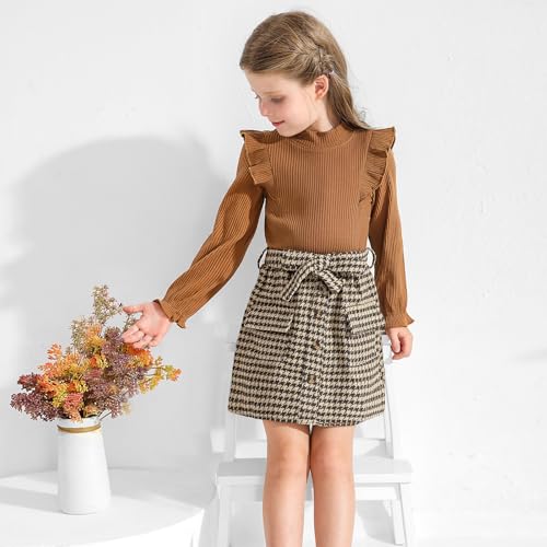 Image of Weixinbuy Toddler Girl Fall Winter Clothes Solid Long Sleeve Ribbed T-Shirt Knit Tops Plaid Button Mini Skirts Set Outfits