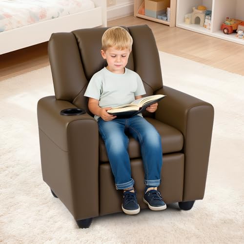 Image of Kids Recliner, Toddler Lounge Chair w /Cup Holder, Wide Armrest, Kids Sofa w /Adjustable Footrest, Comfy Toddler Recliner Chair for for Boys & Girls 3 + (PU, Brown)