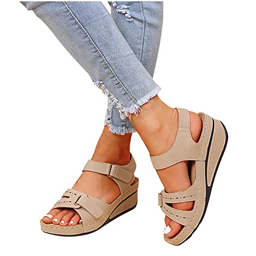 Sandals for women UK Clearance, Orthopedic Shoes for Women Plantar Fasciitis, Comfort Wedge Sandals, Open Toe Ankle Strap Sandals, Summer Wide Fit Cushion Walk Leather Sandals with Arch Support