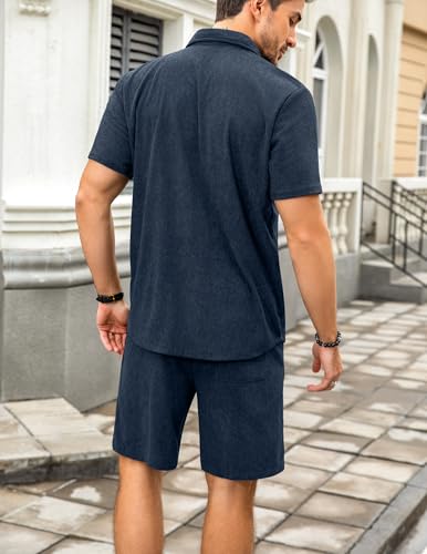 Image of ZAFUL Men's 2 Pieces Sets Outfits Summer Beach Set Short Sleeve Button Down Zip Up Shirt And Short Sets