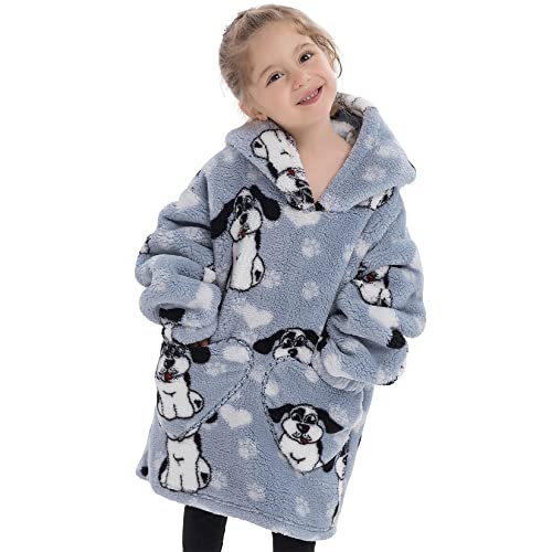 Wearable Blanket Hoodie for Kids Toddler Oversized Sweatshirt Cute Fleece Sherpa Blanket Girls Boys Blue Dog 2-5 Year
