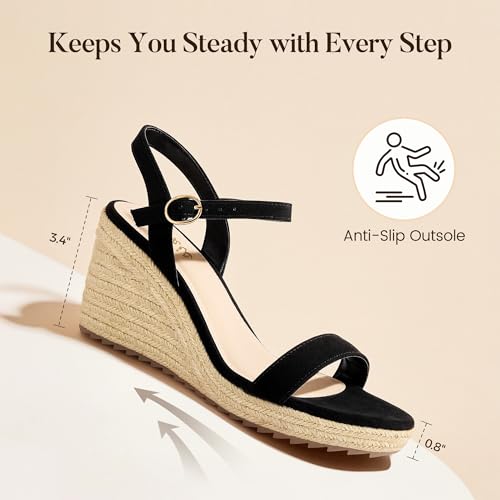 Image of Ankis Platform Wedge Sandals for Women, Black Brown White Nude Espadrille Womens Wedge Sandals Comfortable Open Toe Ankle Strap High Heel Wedges for Women Dressy Summer -3.4Inch