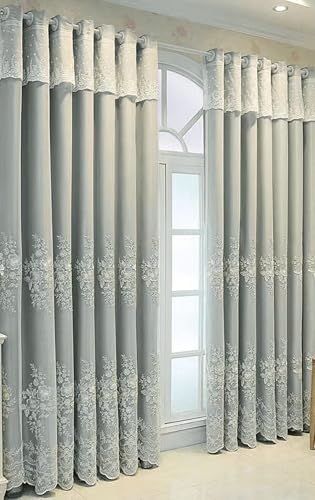 Homxi Cortinas Opacas Dormitorio Modernas 2 Paneles,2 x 96W x 160H CM,Cortinas Cocina Gris Doble Capa con Patrón de Bordado de Encaje Cortina Salon de Ojales