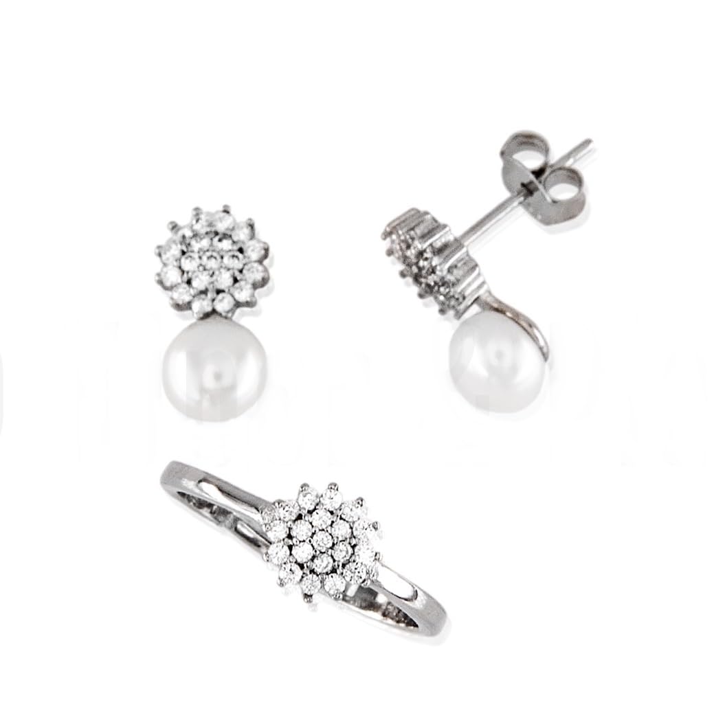 MinoplataJuego Pendientes y Anillo ajustable para Comunión flor Plata rodiada con Perlas cultivadas y Circonitas