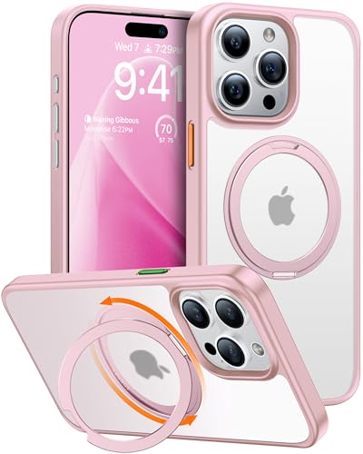 TORRAS 360°Rotatable Magnetic Ring Designed for iPhone 15 Pro Max Case, Compatible with MagSafe with Stand & Ring Holder, Military Grade Shockproof Translucent Back Phone Case Ostand R, Pink