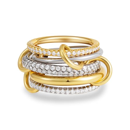 Eaciy Gold Stackable Rings for Women, 18k Gold Plated Cubic Zirconia Rings, Silver Gold Multi Ring Mixed Metals Stackable Ring Set for Women Non Tarnish Size 7
