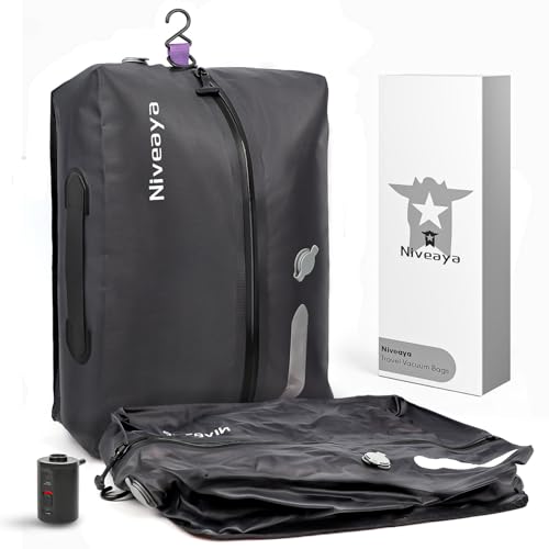 Niveaya Vacuum Bags for Travel with Wireless Pump, Reusable Compression Storage Bags for Suitcases & Closet, Space Saver, Waterproof & Durable