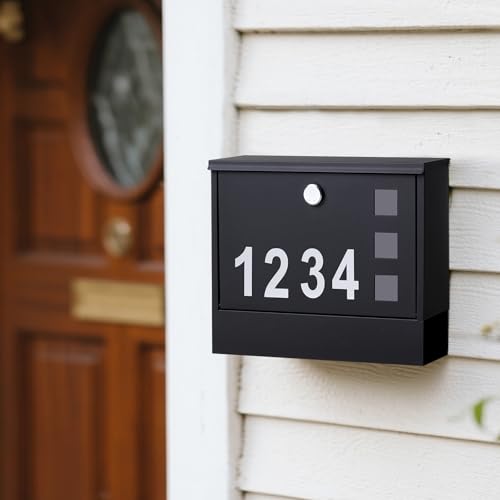 Locking Mailbox Wall Mount for Outside– Jssmst Mailboxes with Number and Key Lock for Front Door Fence, Large Capacity Letter Box, 14.3 x 4.1 x 11.8 Inch, Black