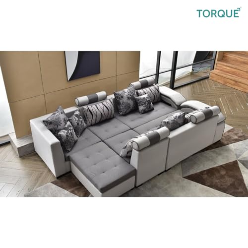 Image of Torque Silvester 12 Seater Sofa Set for Living Room (Grey) | Interchangeable U Shape Sectional Sofa | Solid Wood Frame & High-Density Supersoft Foam | Includes Puffy & Stool | Modern Home Furniture