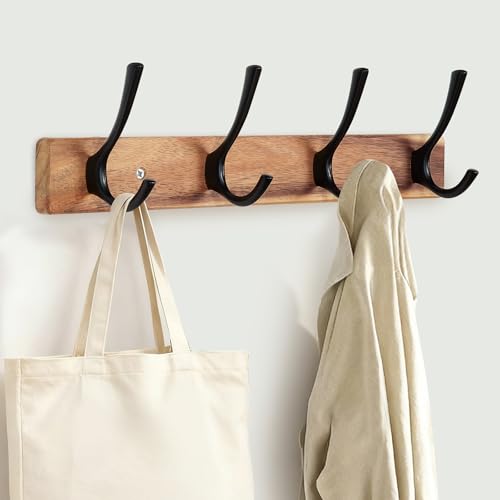 Yangbaga Coat Rack Wall Mount,Acacia Wood Coat Hooks Wall Mount,15' Wall Coat Rack with Heavy Duty 4-Double-Hooks,Hat Rack Wall Coat Hanger for Towel/Dog’s Leashes/Coat/Bag