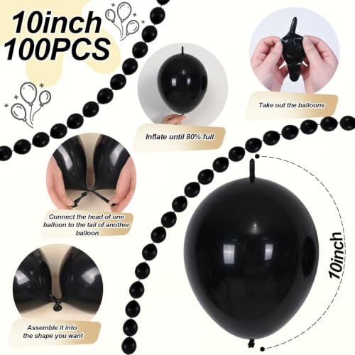 Image of Black Linking Balloons, 100PCS Linked Balloon for Balloon Wall Arch Garland, Quick Link Balloons for Halloween Wedding Birthday Baby Shower Engagement Graduation New Years Party Decorations (10inch)
