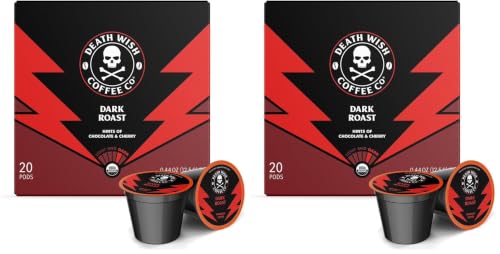 Death Wish Coffee, Single Serve Pods - Dark Roast Coffee Pods - Made with USDA Certified Organic, Fair Trade, Arabica and Robusta Beans (20 Count) (Pack of 2)
