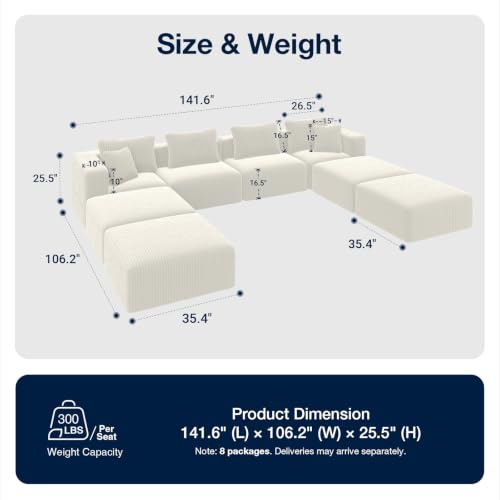 Image of Avenco 141-inch U-Shaped Modular Sectional Couch Sofa with 4 Ottomans