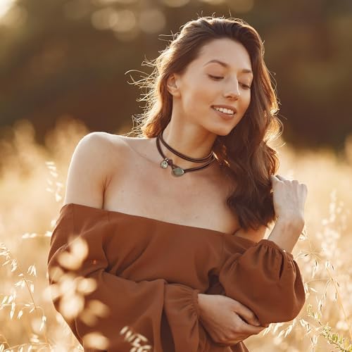 HUASAI Boho Necklaces for Women Western Jewelry Country Concert Outfits for Women Layered Brown Choker Necklace Leather Boho Necklace Western Cowgirl Outfits Jewelry4