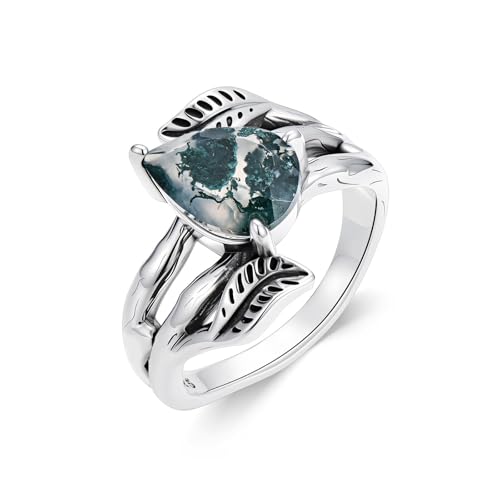 Seiyang Natural Moss Agate Ring 925 Sterling Silver Leaf Moss Agate Ring Promise Ring Engagement Wedding Jewelry Gifts for Women